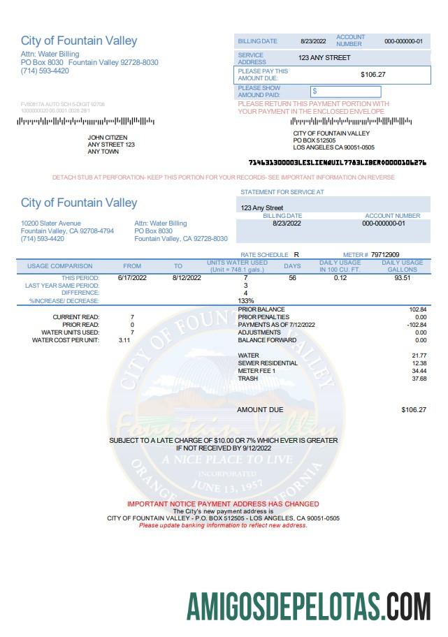 Para baixar modelo de conta de serviços públicos da cidade de Fountain Valley, EUA, Califórnia, em formato Word e PDF